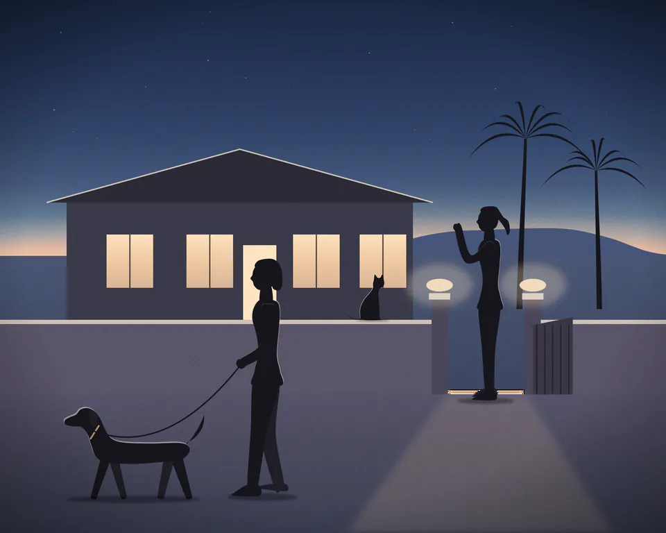 Illustration: a woman leaving an animal shelter in the evening with a newly adopted dog on a lead, a carer waving from the open gate, a cat watching from the garden wall, the shelter's lit house behind
