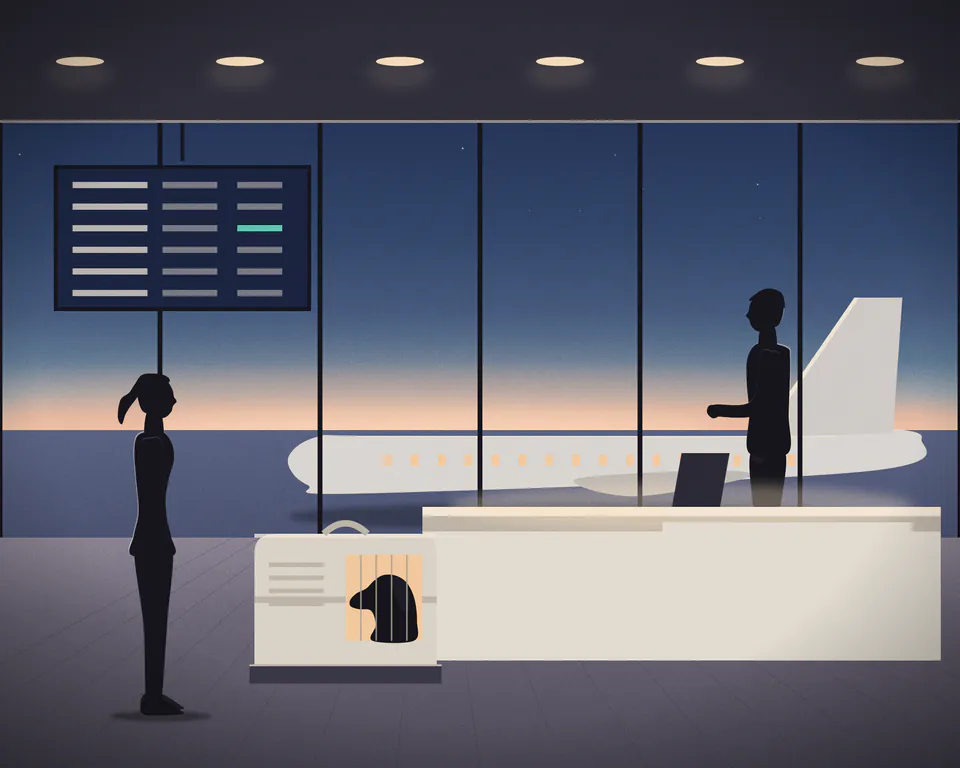 Illustration: a woman checking in her dog at an airport counter in the evening, the dog looking out of its travel crate on the scale, the agent behind the counter, an aircraft's tail beyond the glass