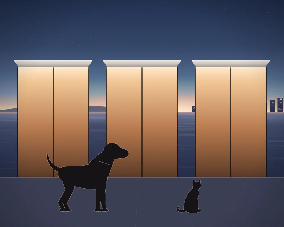 Illustration: generic pet-service shopfronts at blue hour, a dog and cat in the foreground; no real business is depicted