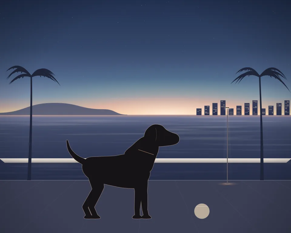 Illustration: a dog standing beside a ball on a quiet seafront terrace at blue hour