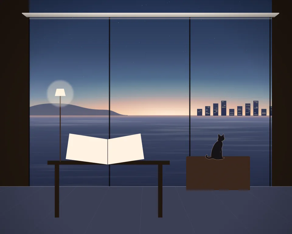 Illustration: an open blank guide on a table by a warmly lit window at blue hour, with a resting cat