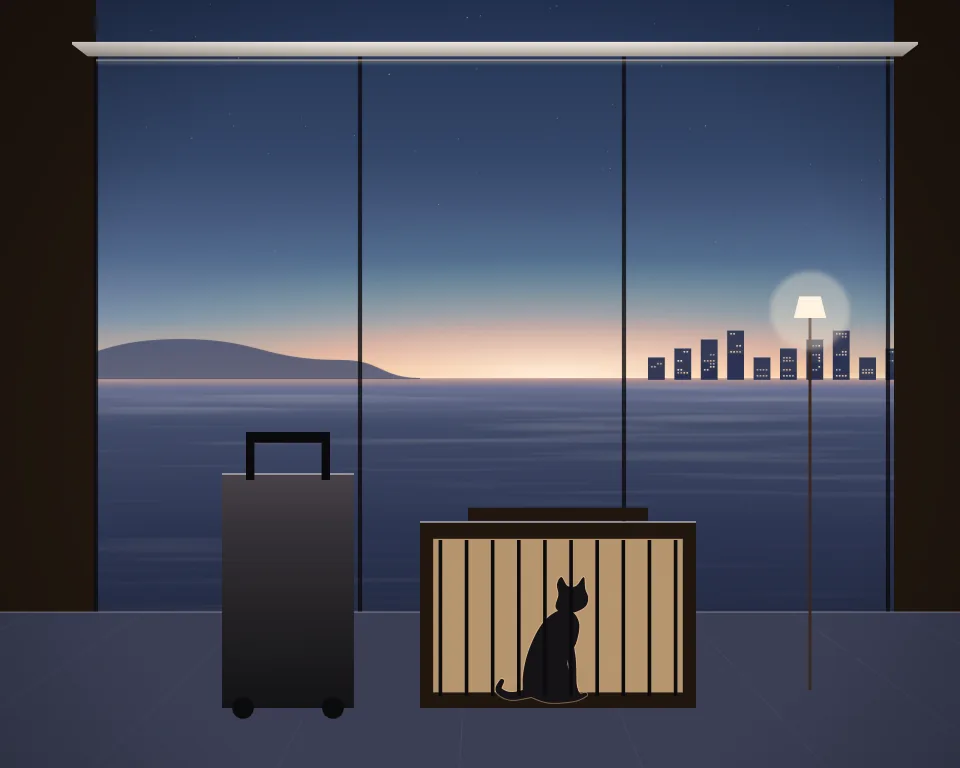 Illustration: a pet travel carrier beside luggage at a generic terminal window at blue hour; no real airport is depicted