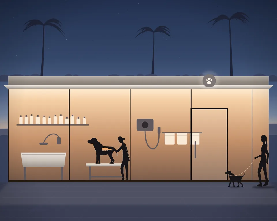 Illustration: a small dog grooming salon in the evening, a groomer brushing a dog standing on the grooming table, a bath with a shower head beside it, a woman arriving at the door with her small dog on a lead