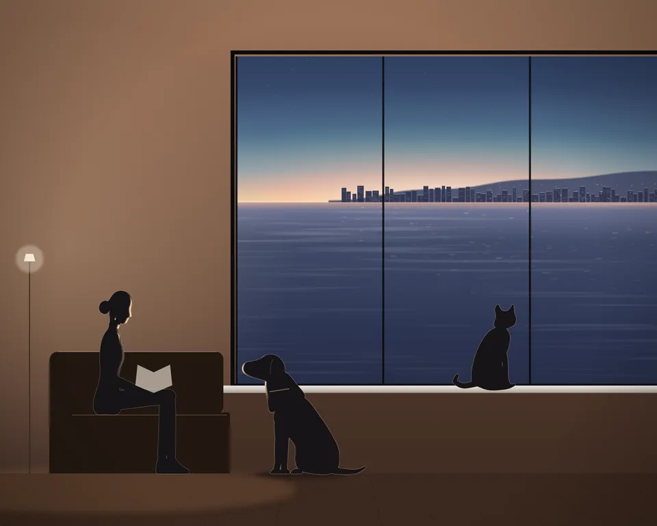Illustration: a cat sitting on a window ledge looking out over the bay in the evening, a woman reading on the sofa beside a floor lamp, her dog sitting at her feet