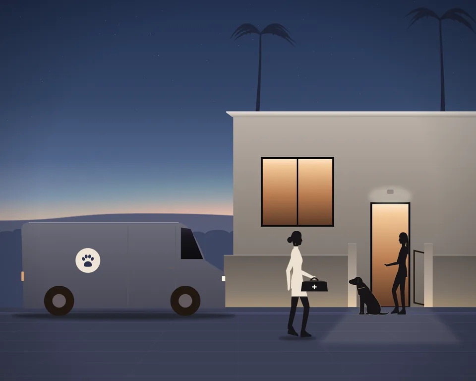 Illustration: a vet arriving at a house in the evening for a home visit, carrying her bag from a small van with a paw print on its side, a woman waiting at the open gate with her dog sitting beside her