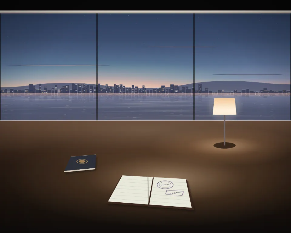 Illustration: an open unmarked travel document beneath a desk lamp