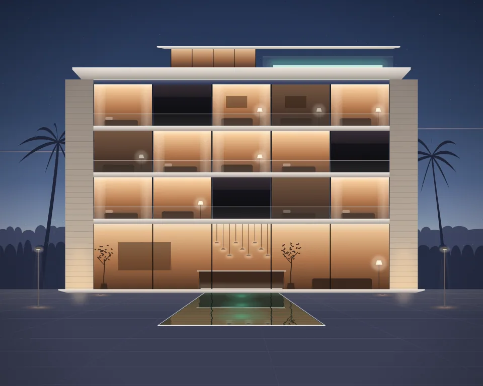 Illustration: a generic hotel with lit rooms and balconies