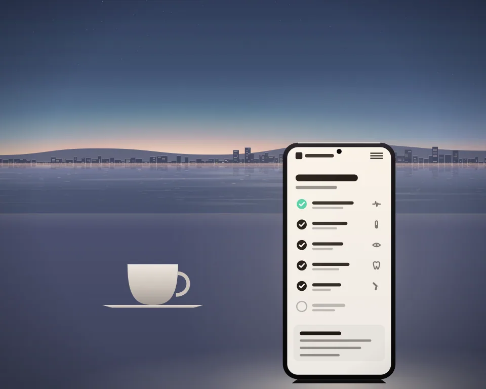 Illustration: a phone showing a health-check list beside a cup at dusk