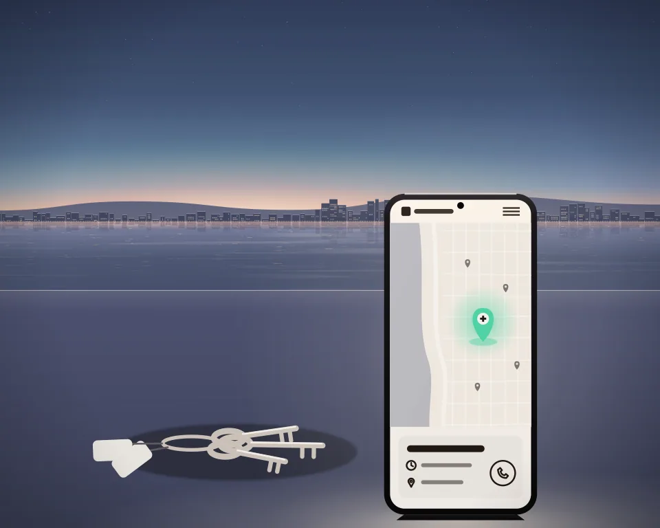Illustration: a phone showing a generic hospital map beside keys at dusk
