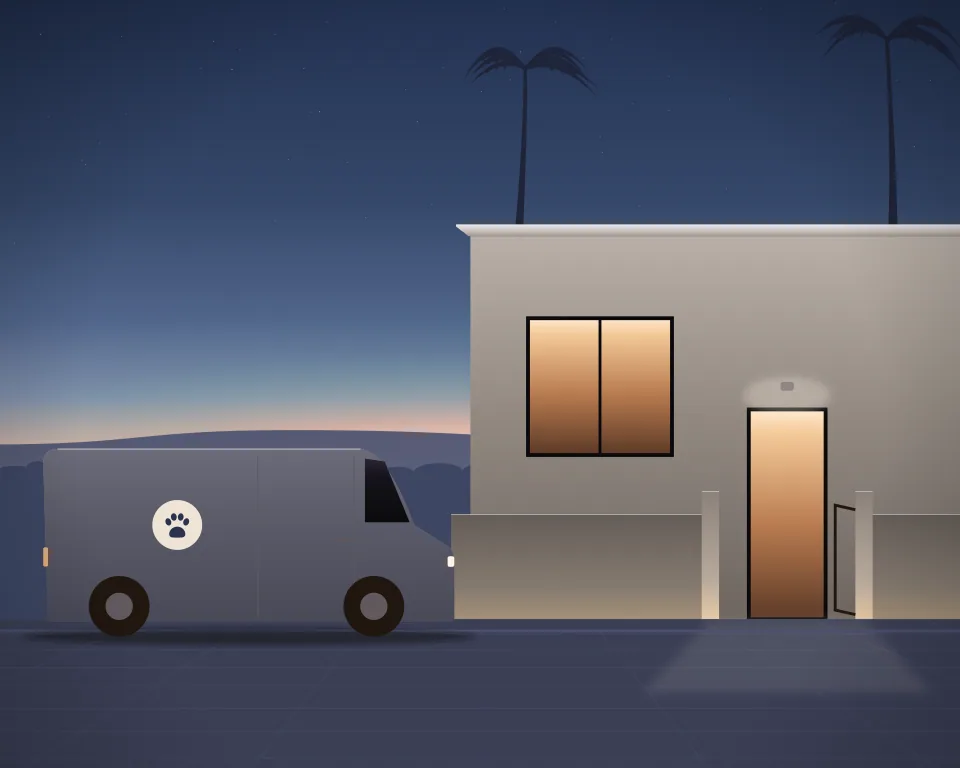 Illustration: a generic home-visit care vehicle and equipment at dusk