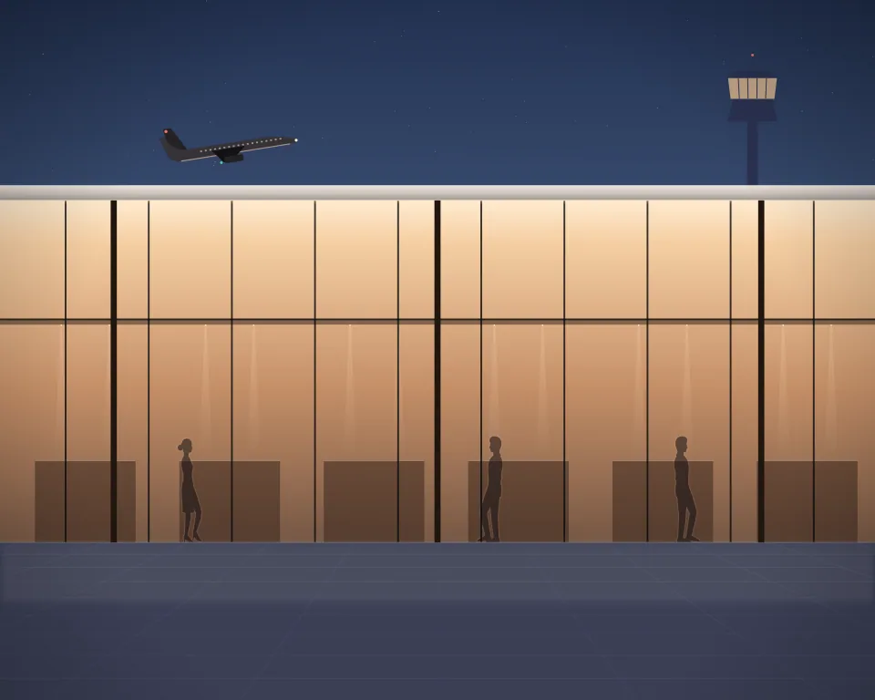Illustration: an unmarked airport terminal and aircraft at dusk