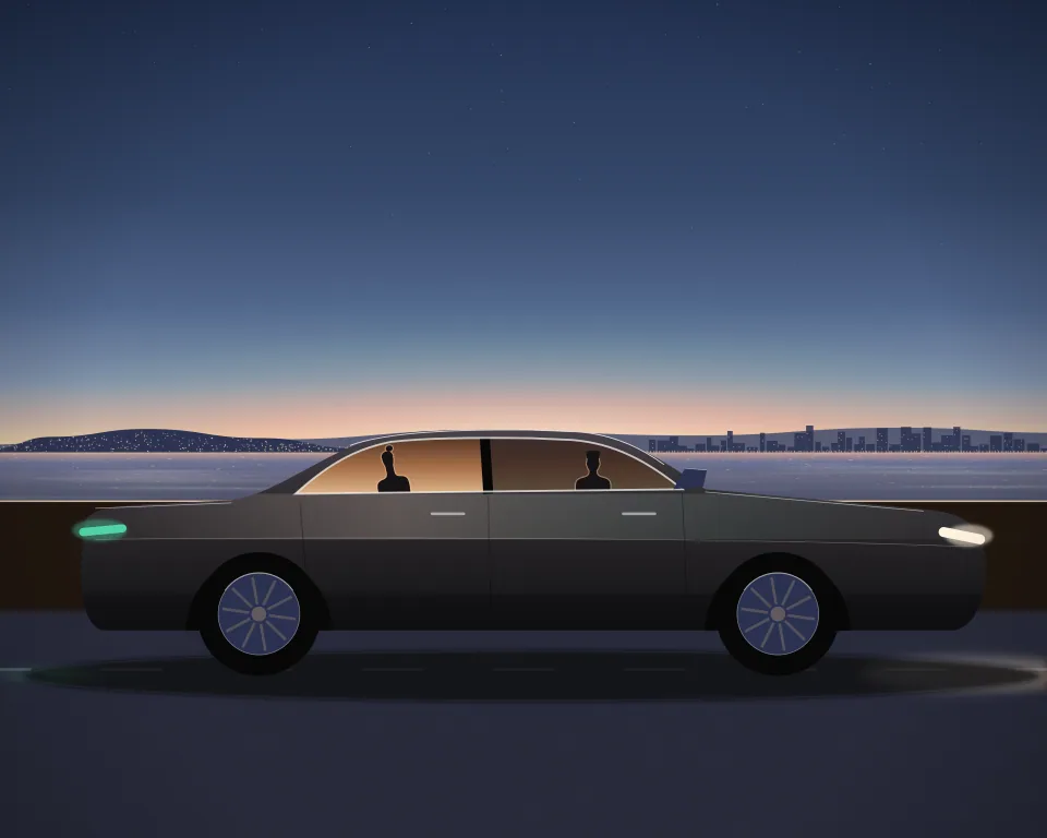 Illustration: an unmarked car on a coast road at blue hour