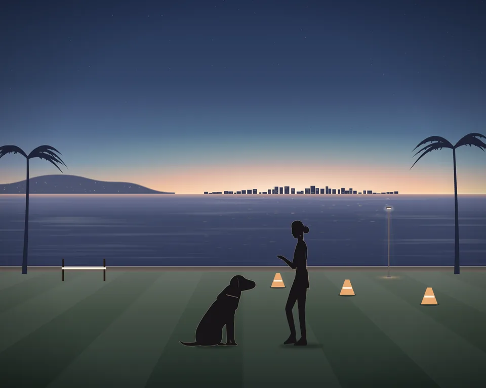 Illustration: a dog trainer on a seafront lawn in the evening, her hand held out as a dog sits for her, training cones and a small jump on the grass, the town lights across the bay