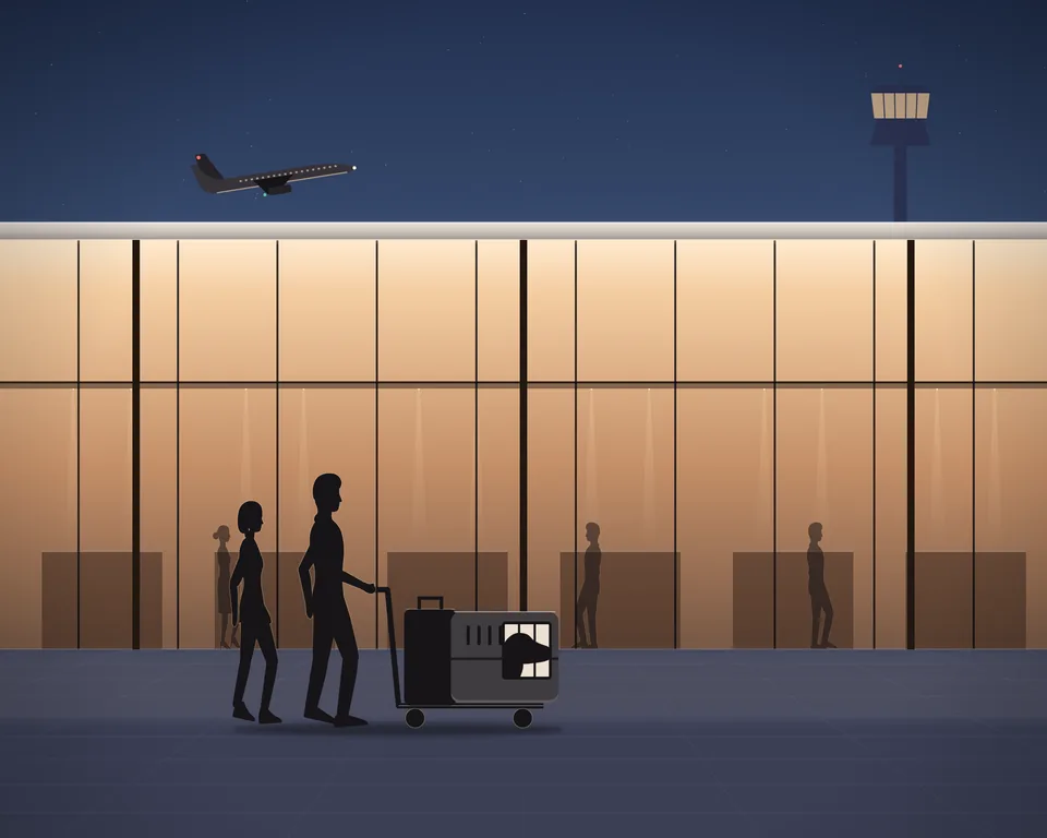 Illustration: a couple pushing a luggage trolley with a dog in a travel crate past a lit airport terminal in the evening, an aircraft climbing and a control tower beyond