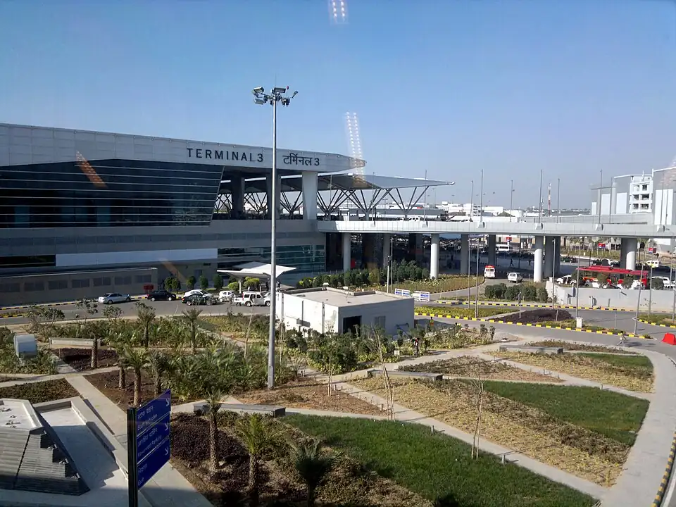 The forecourt and gardens in front of Terminal 3 at Delhi airport